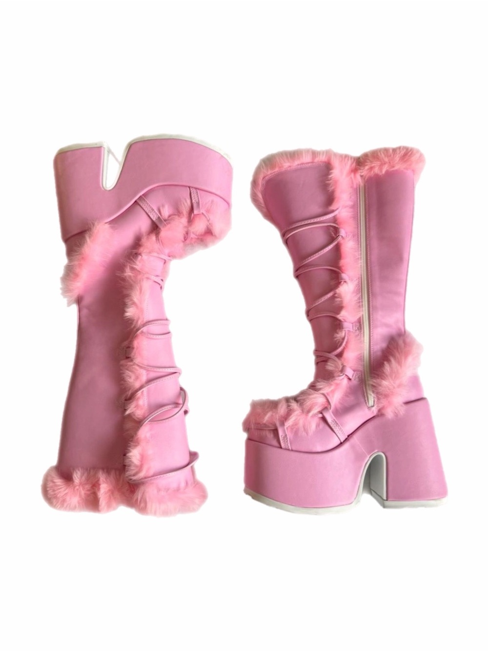 DEMONIA Pink Faux-Fur Platform Knee-High Boots